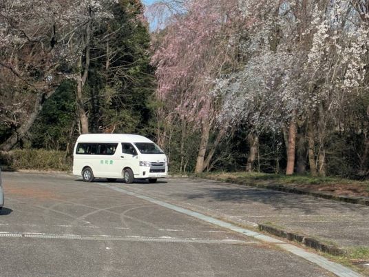 送迎車と桜並木の外観  