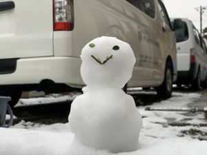 送迎車の前の雪だるま