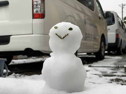 送迎車の前の雪だるま