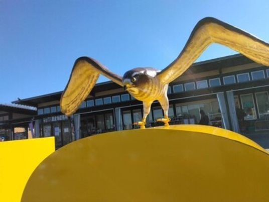 屋外の鳥の置物と建物外観  
