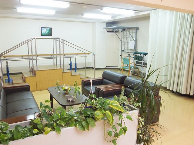植物が置かれた室内 機能訓練室 広々としたトレーニングスペースで、日常的な運動をサポートする環境が整っています。リラックスできるソファも配置されています。
