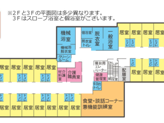施設の階数案内図 内観 居室や浴室などの配置が一目で分かる、2階と3階の詳細な案内です。計画的な移動をサポートします。