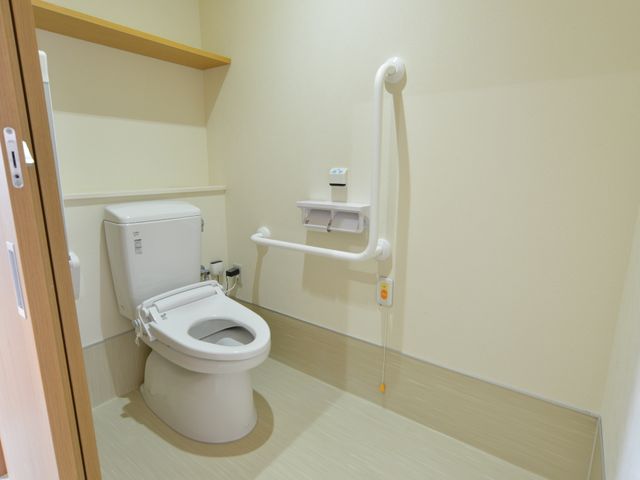 バリアフリートイレ空間 個室のトイレ 安全なサポートバー付きの清潔なトイレです。レバー操作で簡単に立ち座りが支援され、就業における安心感を提供します。