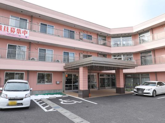ピンクの建物のエントランス