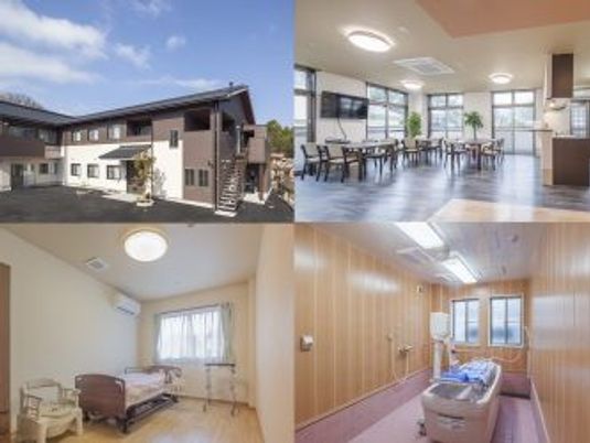 明るい共有空間と居室の施設内観  