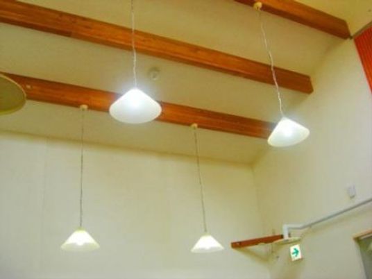 天井の照明と梁の部屋