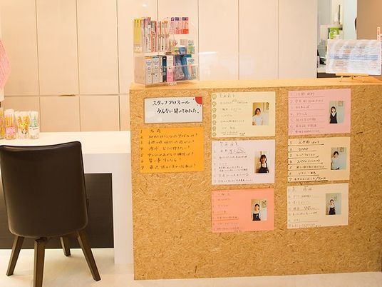 スタッフ紹介が並ぶ受付  