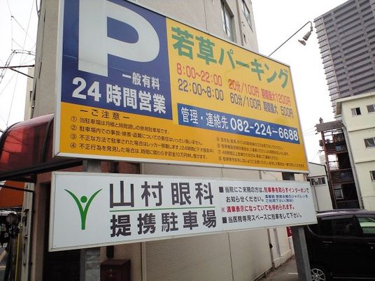 看板が並ぶ外観