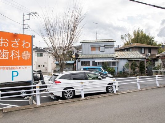 歯科医院の看板と駐車場外観  