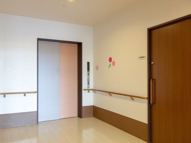 廊下と部屋の入口 エレベーター  手すりが設置された廊下は移動をサポートし、壁の装飾も心地よい雰囲気を演出しています。