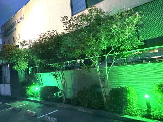 緑に照らされた建物外観  
