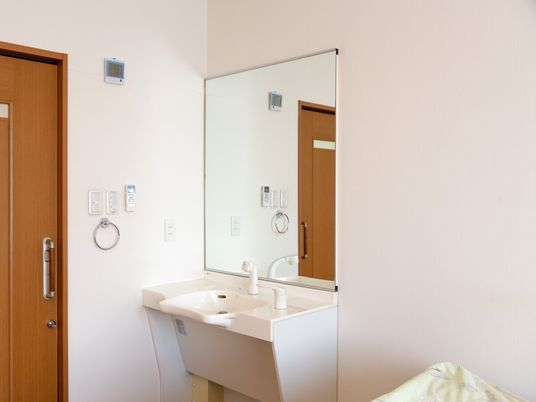 施設の写真 ベッドの脇に置かれている白い洗面台は、低めに設置されており、大きな鏡が付いている。左側にタオル掛けがある。