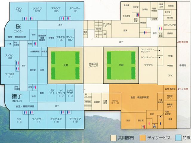 施設内の間取り図 内観 この施設の間取りは、居住エリアと共用スペースが分かれています。効率的に設計された空間です。