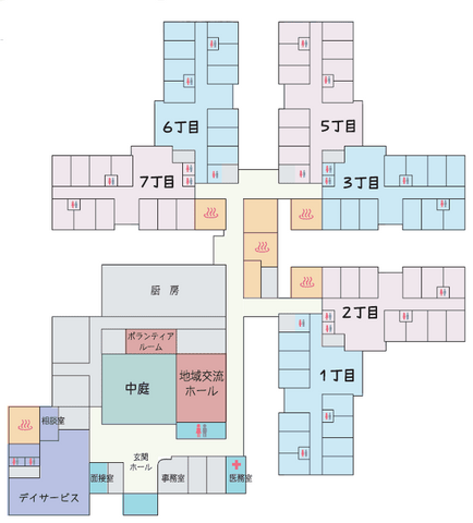 施設案内図 中庭 施設内のさまざまなエリアが詳しく示されたフロアマップです。効率的な動線を確認できます。