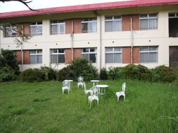 緑の庭と白い椅子セット