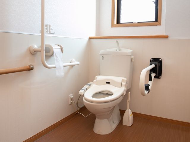 手すり付きのトイレ空間 トイレ 手すりが設置された清潔感のあるトイレです。安全かつ自立した生活を支援する設計になっております。