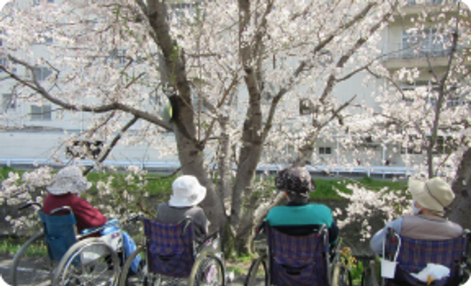 花見をする利用者たちの庭