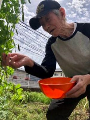 庭で作業する高齢者