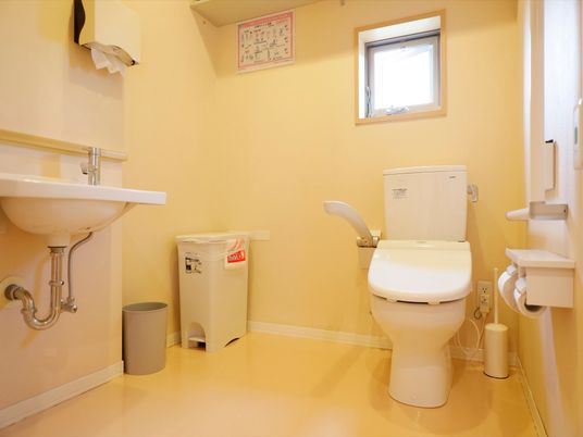 トイレは壁のパネルで操作する温水洗浄便座が設置されている。一般ごみ用と、汚物用のごみ箱が用意されている。