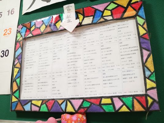 施設内の壁に掛けられた緑色の掲示板に貼られた献立表である。さまざまな色のモザイク柄の額縁に入れられている。
