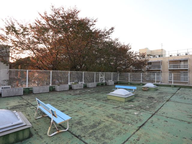 空が広がる屋上空間 屋上 開放感のあふれる屋上は、木々が彩りを添え、天気の良い日には屋外で心地よい時間を過ごせます。ベンチがあり、静かに過ごすのにぴったりです。