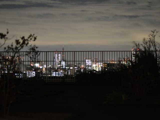 夜景を望む屋外スペース 屋上庭園３ 夜空と街の灯りを背景に、静かなひとときを過ごせる落ち着いたスペースです。晴れた日には、星々を眺めながらのリラックスタイムも。