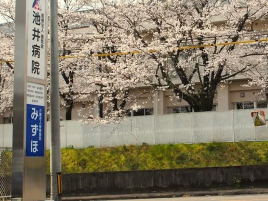 桜並木と施設看板の外観  
