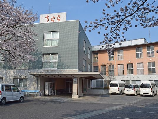 桜に囲まれた建物外観  