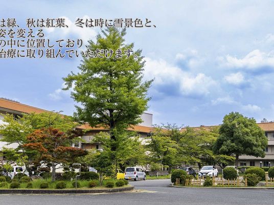 緑に囲まれた建物の外観  