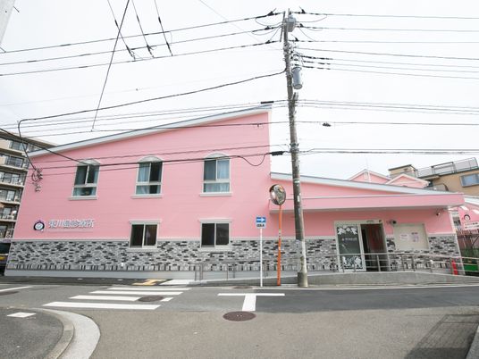ピンク外壁の建物外観  