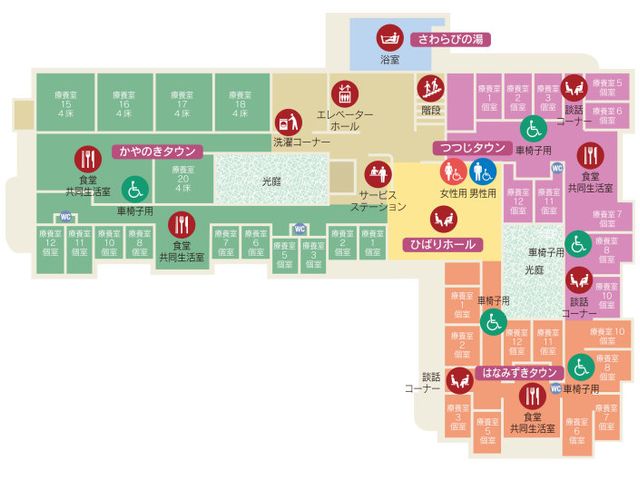 カラフルな施設案内図 内観 施設の各エリアが色別に分かりやすく案内されています。見やすいレイアウトで、導線が明確です。