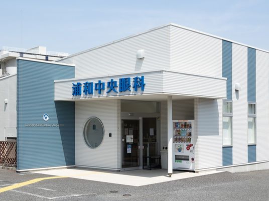 青白い外観の玄関  