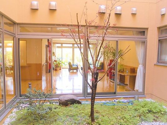 中庭とガラス越しの室内  