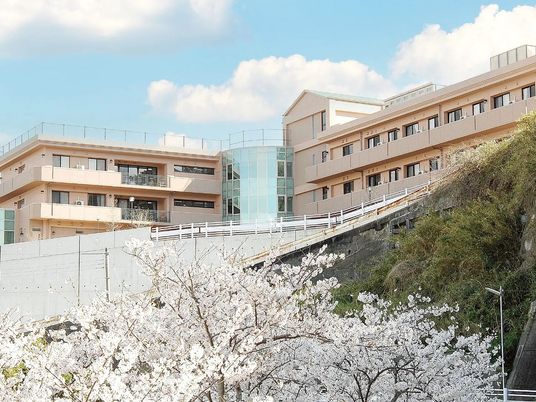 桜が見える外観  