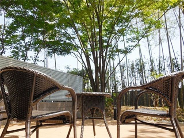 中庭のくつろぎ空間 テラス 大木の下で心地よい風を感じることができるリラックスできる中庭です。快適な外の空気を存分に楽しむことができます。