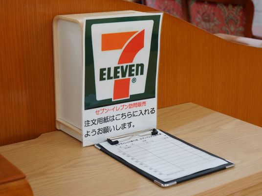 四角い箱の全面に、大手コンビニチェーンのロゴマークが貼り付けられている。その前にクリップボードがあり、白い紙が挟んである。