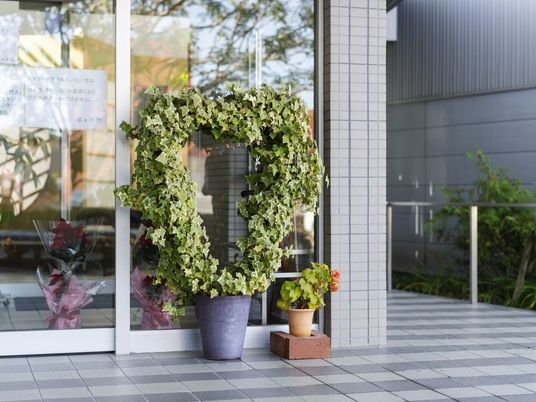 植木のある玄関前  