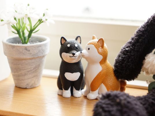 犬の置物と観葉植物