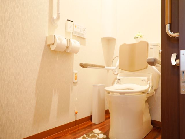 バリアフリー設計のトイレ トイレ 手すりを備えた安全なトイレで、安心して毎日を過ごせる環境が整っています。利用者の日常生活をサポートする配慮が感じられます。