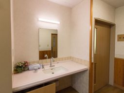 清潔な洗面台と浴室入口