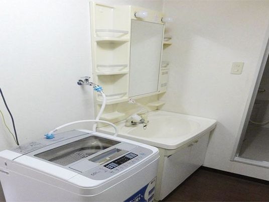 洗面台と洗濯機のある洗面台  