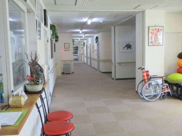 廊下に車椅子と椅子 廊下 ゆったりとした廊下には緑や絵画が飾られ、車椅子用のスペースも確保されており、訪れる方にとって快適な環境です。