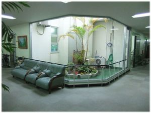 明るいロビーのソファと植栽  