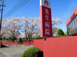 病院の看板と桜並木の外観  