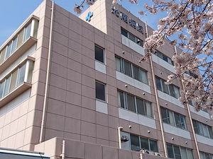 桜に囲まれた建物外観  