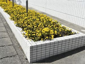 花壇のある外観前  