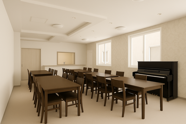 ピアノのある明るい食堂