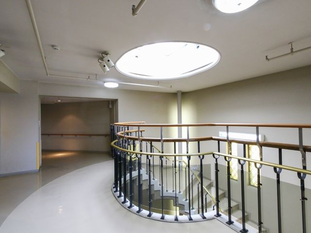 明るい廊下と階段 階段 開放感のあふれる空間で、天窓からの自然光が心地よいです。安全に配慮した手すりが設置されています。