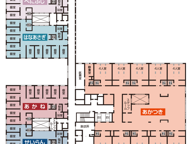 フロア図 内観 施設内のフロア図です。配置が分かりやすく、各居室やエレベーターの位置を確認できます。
