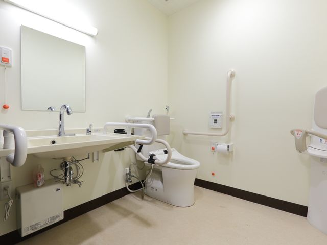 バリアフリー対応のトイレ トイレ 手すりが設置された明るいトイレで、すべての方が気兼ねなくお使いいただける環境です。安心してご利用できる配慮が行き届いています。